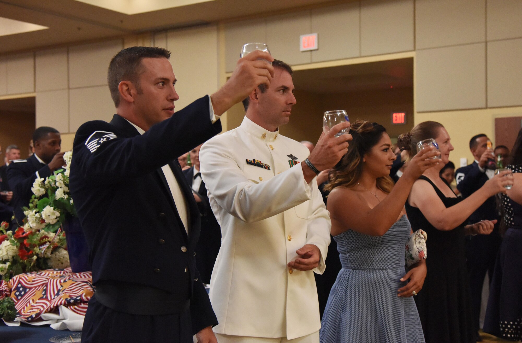 Keesler personnel hold their glasses up for a toast during the U.S. Air Force 70th Birthday Ball at the Bay Breeze Event Center Sept. 16, 2017, on Keesler Air Force Base, Mississippi. The event, hosted by the 81st Training Wing and the John C. Stennis Chapter of the Air Force Association, also paid tribute to all prisoners of war and military members still missing in action. (U.S. Air Force photo by Kemberly Groue)