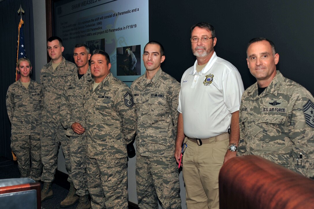 U.S. Airmen assigned to the 20th Medical Operations Squadron (MDOS) are recognized as the Shaw “Weasels of the Week” by 20th Fighter Wing leadership at Shaw Air Force Base, S.C., Sept. 20, 2017. The 20th MDOS ambulance services team received recognition for supporting and protecting the health of Team Shaw members by providing emergency medical response 24/7, responding to an average of 400 calls per year.  (U.S. Air Force photo by Airman 1st Class Kathryn R.C. Reaves)