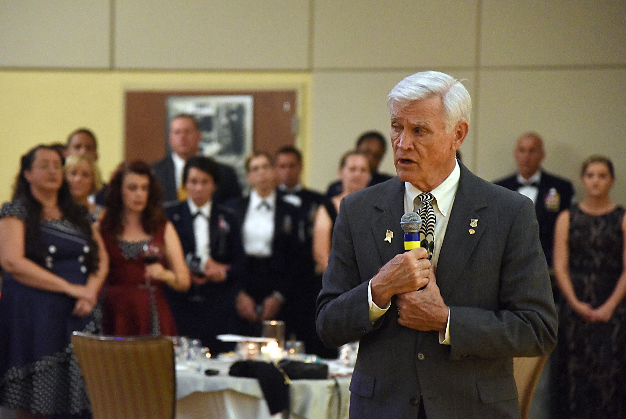 Retired Lt. Col. Barry Bridger, former Vietnam prisoner of war, delivers remarks during the U.S. Air Force 70th Birthday Ball at the Bay Breeze Event Center Sept. 16, 2017, on Keesler Air Force Base, Mississippi. The event, hosted by the 81st Training Wing and the John C. Stennis Chapter of the Air Force Association, also paid tribute to all prisoners of war and military members still missing in action. (U.S. Air Force photo by Kemberly Groue)