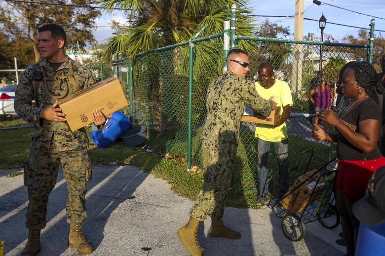Marines and Sailors with the 26th Marine Expeditionary Unit (MEU) and Marine Heavy Helicopter Squadron (HMH) 461 helped distribute food, water, and supplies in support of the Federal Emergency Management Agency in the aftermath of Hurricane Irma.