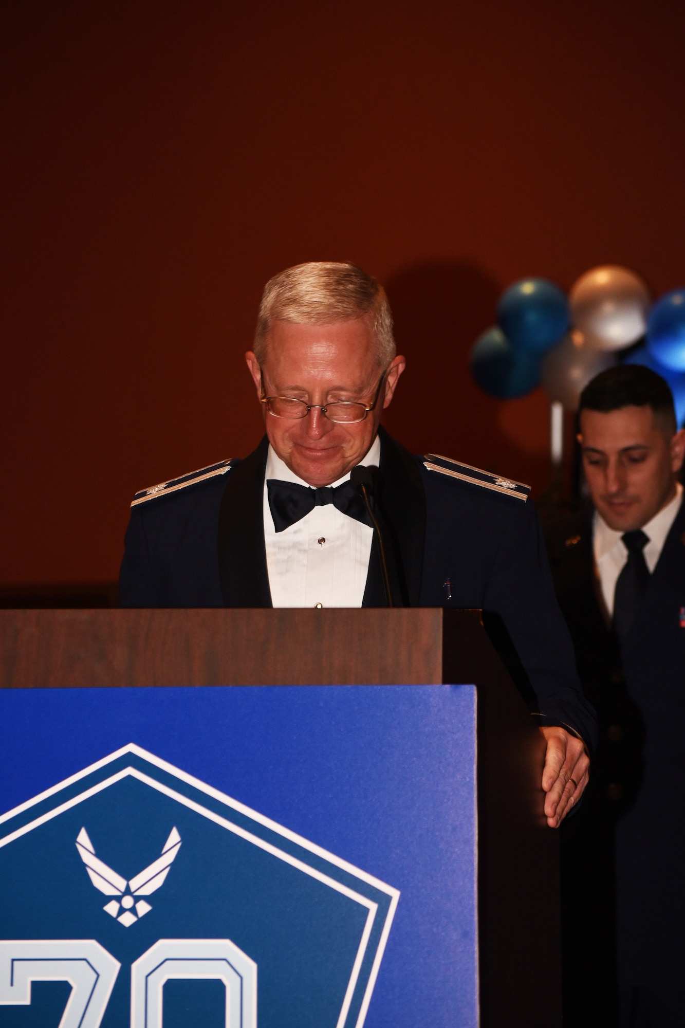 Chaplain (Lt. Col.) Sam Tucker gives the invocation during the Air Force Ball Sept. 16 at the Embassy Suites in Norman, Oklahoma. The event both celebrated the 70th birthday of the Air Force and the 75th anniversary of Tinker Air Force Base.