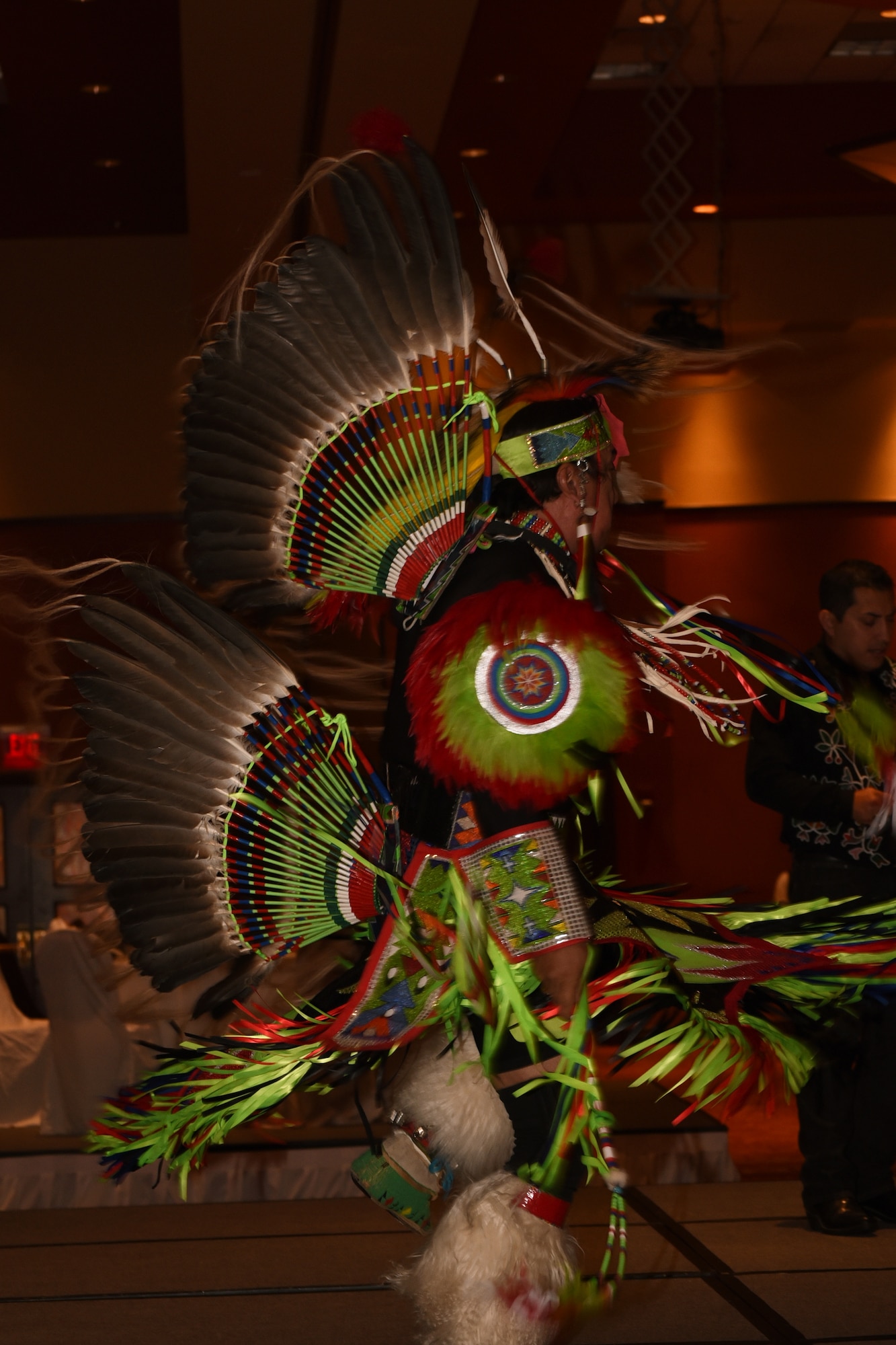 Michael Paul Pahsetopah and Michael Peyton Pahsetopah, members of the Osage Nation perform a dance to honor Gen. Clarence Tinker's cultural heritage.