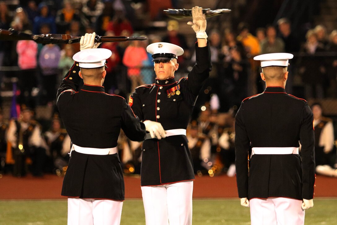 The U.S. Marine Corps Silent Drill Platoon performs at Rochester Adams High School, Sept. 6, 2017. The demonstration was a part of Marine Week Detroit, an opportunity to connect with the people of the greater Detroit area, and thank them for their support. (U.S. Marine Corps photo by Sgt. J. R. Heins/ Released)