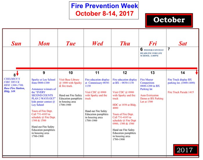 Fire Prevention Week schedule of events for Oct. 8-14, 2017. (Courtesy image)