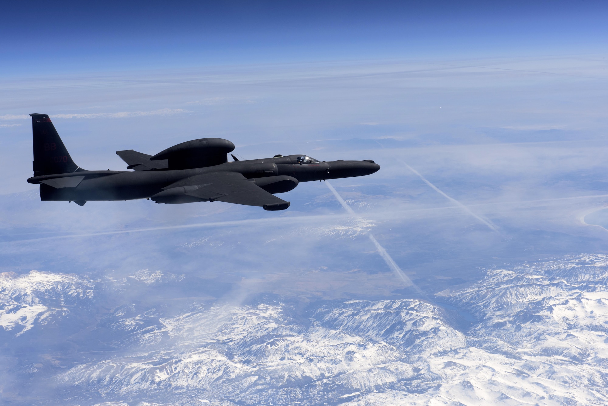 A U-2 Dragon Lady flies above the Sierra Nevada Mountain Range, California