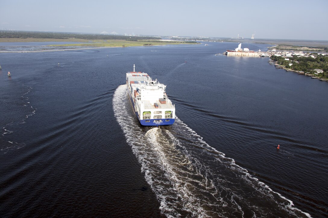 A vessel passes through Jacksonville Harbor near Mile Point.