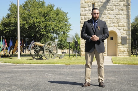 SAN ANTONIO (Sept. 8, 2017) Marine Corps veteran Corporal Randy D. Mann speaks during a ceremony in the historical quadrangle at Joint Base San Antonio - Fort Sam Houston, Texas. Mann was awarded the Navy and Marine Corps Medal during the ceremony in his hometown of San Antonio for his actions while on active duty with the 3D Assault Amphibian Battalion in Camp Pendleton, California, in July 2013. (U.S. Navy photo by Mass Communication Specialist 1st Class Jacquelyn D. Childs/Released)