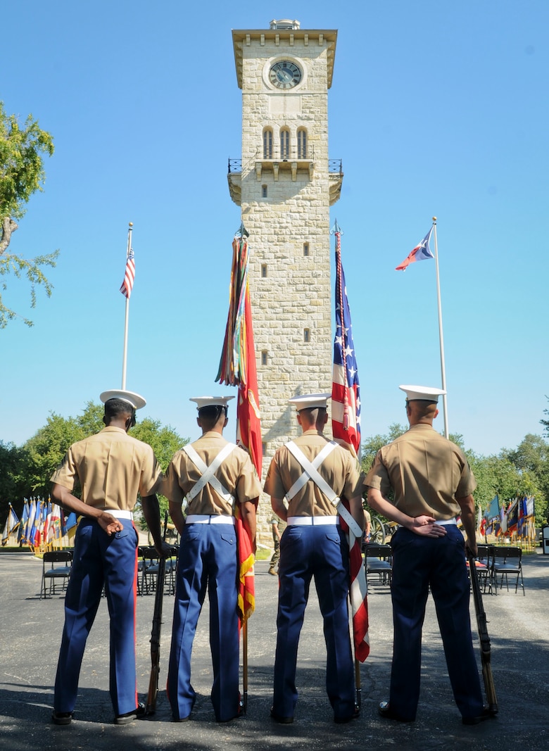 SAN ANTONIO (Sept. 8, 2017) Marines from 3D Assault Amphibian Battalion in Camp Pendleton, California, prepare to parade the colors for an award ceremony in the historical quadrangle at Joint Base San Antonio - Fort Sam Houston, Texas. Marine Corps veteran Corporal Randy D. Mann was awarded the Navy and Marine Corps Medal during the ceremony in his hometown of San Antonio for his actions while on active duty with the 3D Assault Amphibian Battalion in July 2013. (U.S. Navy photo by Mass Communication Specialist 1st Class Jacquelyn D. Childs/Released)