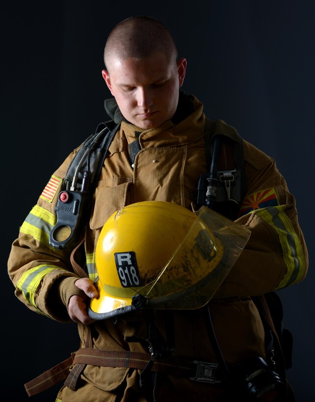 Senior Airman Chase Bradovich, 56th Component Maintenance Squadron aerospace propulsion journeyman, poses for a portrait Sept. 18, 2017 at Luke Air Force Base, Ariz. Bradovich serves his community as a volunteer firefighter. (U.S. Air Force photo by Senior Airman Devante Williams)