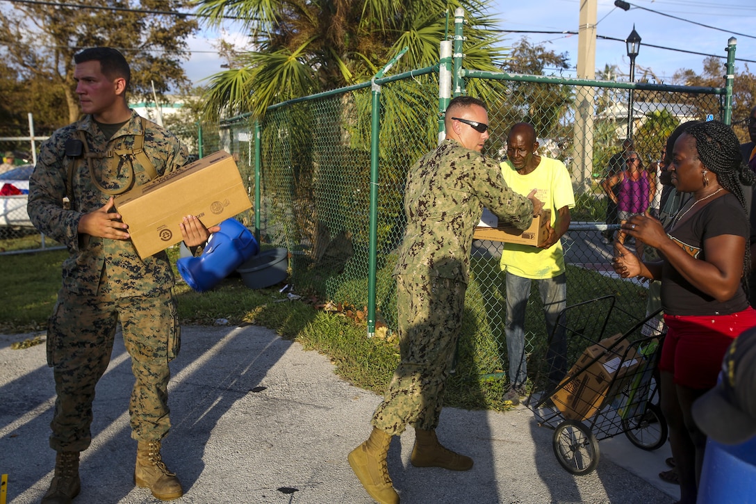 Marines and Sailors with the 26th Marine Expeditionary Unit (MEU) and Marine Heavy Helicopter Squadron (HMH) 461 helped distribute food, water, and supplies in support of the Federal Emergency Management Agency in the aftermath of Hurricane Irma.