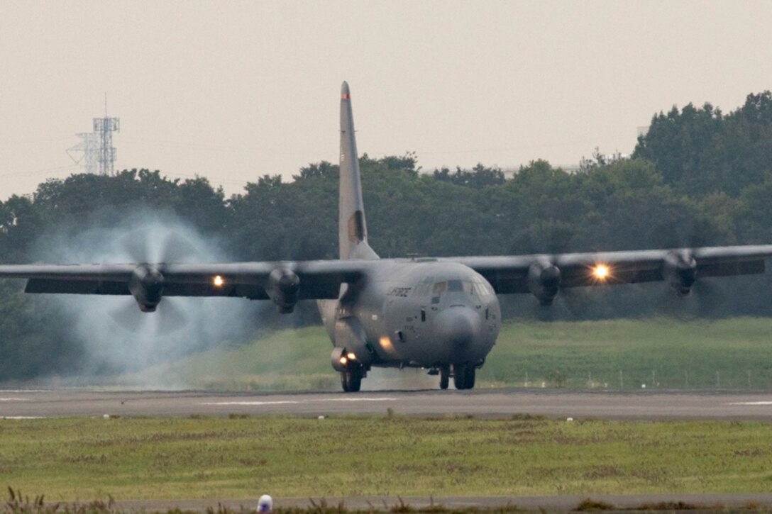 A C-130J Super Hercules touches down at Yokota