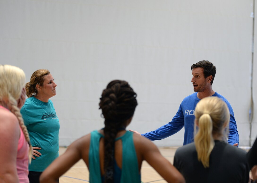 Shane Spice, Ramstein Air Base Men’s and Women’s Volleyball Teams coach, speaks to players trying out for the Ramstein Women’s Volleyball Team at the Southside Fitness Center on Ramstein Air Base, Germany, Sept. 12, 2017.
