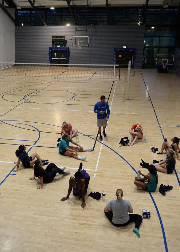 Shane Spice, Men’s and Women’s Volleyball Teams coach, speaks to players trying out for the women’s team at the Southside Fitness Center on Ramstein Air Base, Germany, Sept. 12, 2017.
