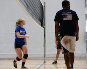 U.S. Air Force Airman 1st Class Kylie Glover, 86th Medical Squadron Aerospace Medicine Services journeyman, moves into position before a serve during tryouts at the Southside Fitness Center on Ramstein Air Base, Germany, Sept. 14, 2017.