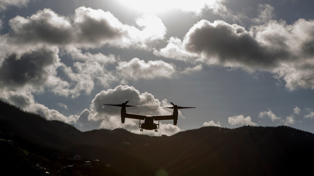 A Marine Corps MV-22B Osprey aircraft with the 26th Marine Expeditionary Unit (MEU), approaches a landing zone to return personnel and equipment to the amphibious assault ship USS Kearsarge (LHD 3) after conducting humanitarian aid and relief work in a community affected by Hurricane Irma in St. John, U.S. Virgin Islands, Sept. 17, 2017. The 26th MEU is supporting authorities in the U.S. Virgin Islands with the combined goal of protecting the lives and safety of those in affected areas.