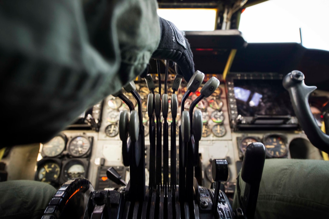 A pilot prepares to start the engines on a B-52 Stratofortress.