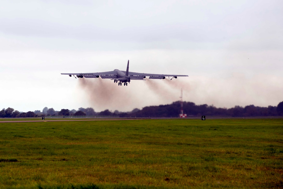 A B-52 Stratofortress takes off.