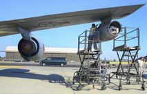 Airman 1st Class Kwame Edwards, 92nd Maintenance Squadron crew chief, takes off panels and lines from a KC-135 Stratotanker multi-point refueling system pod during an exercise Sept. 11, 2017, at Fairchild Air Force Base, Washington. The KC-135 is an aerial refueling platform capable of delivering more than 200,000 pounds of fuel to U.S. and allied nation aircraft globally at a moment's notice. (U.S. Air Force photo/Senior Airman Janelle Patiño)