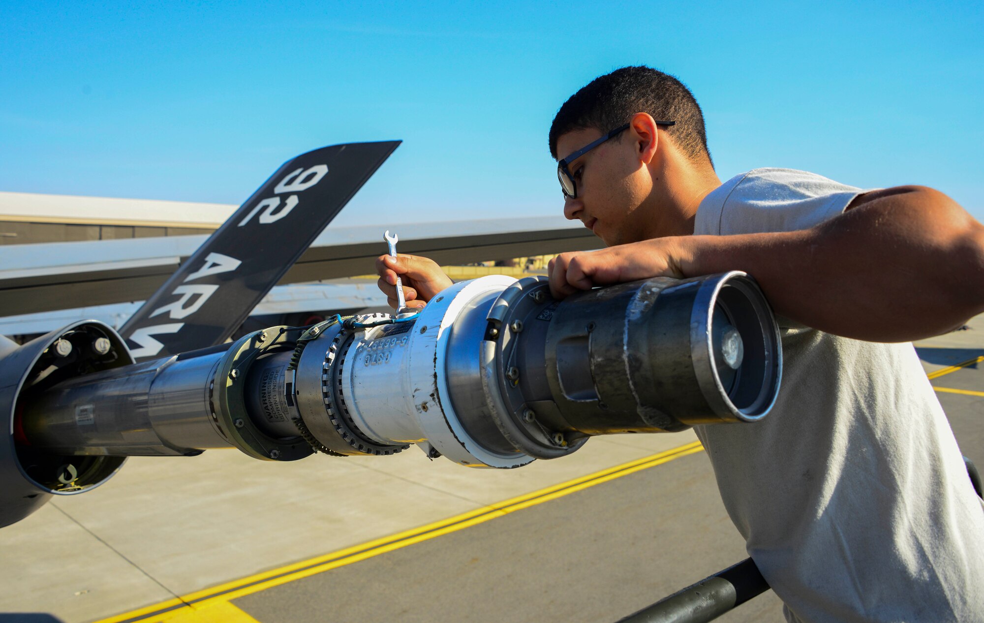 Airman 1st Class Jesse Marquez, 92nd Aircraft Maintenance Squadron aircraft electrical and environmental systems apprentice, changes the terminal on a boom signal coil voltmeter during an exercise Sept. 11, 2017, at Fairchild Air Force Base, Washington. The KC-135 is an aerial refueling platform capable of delivering more than 200,000 pounds of fuel to U.S. and allied nation aircraft globally at a moment's notice. (U.S. Air Force photo/Senior Airman Janelle Patiño)