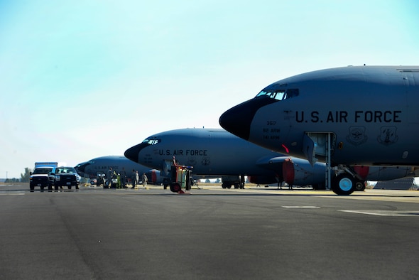 KC-135 Stratotankers stand ready on the flight line during an exercise Sept. 11, 2017, at Fairchild Air Force Base, Washington. The KC-135 is an aerial refueling platform capable of delivering more than 200,000 pounds of fuel to U.S. and allied nation aircraft globally at a moment's notice. (U.S. Air Force photo/Senior Airman Janelle Patiño)