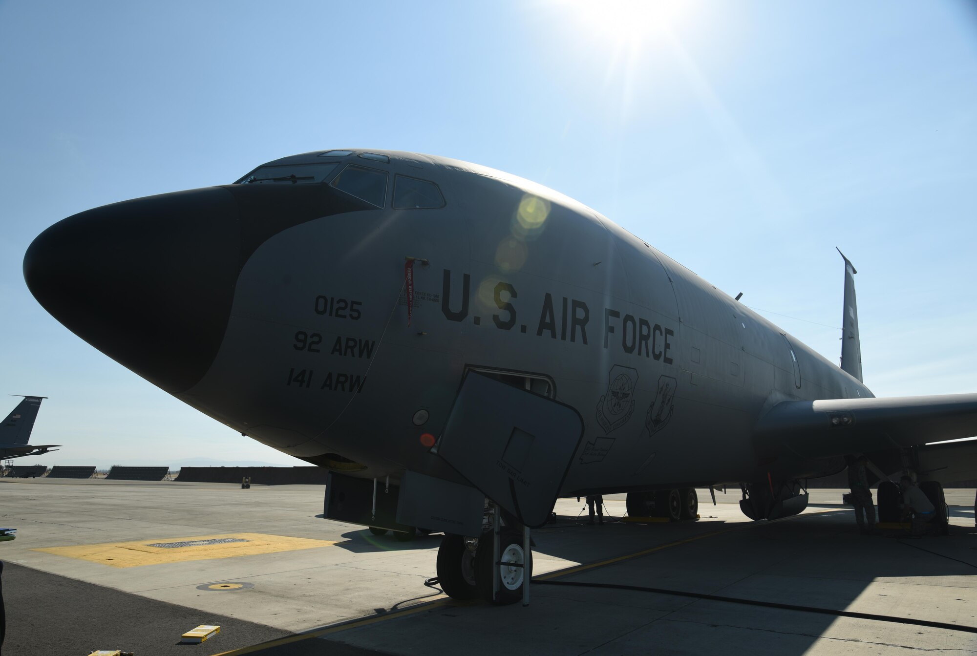 A KC-135 Stratotanker stands ready on the flight line during an exercise Sept. 11, 2017, at Fairchild Air Force Base, Washington. The KC-135 is an aerial refueling platform capable of delivering more than 200,000 pounds of fuel to U.S. and allied nation aircraft globally at a moment's notice. (U.S. Air Force photo/Staff Sgt. Samantha Krolikowski)