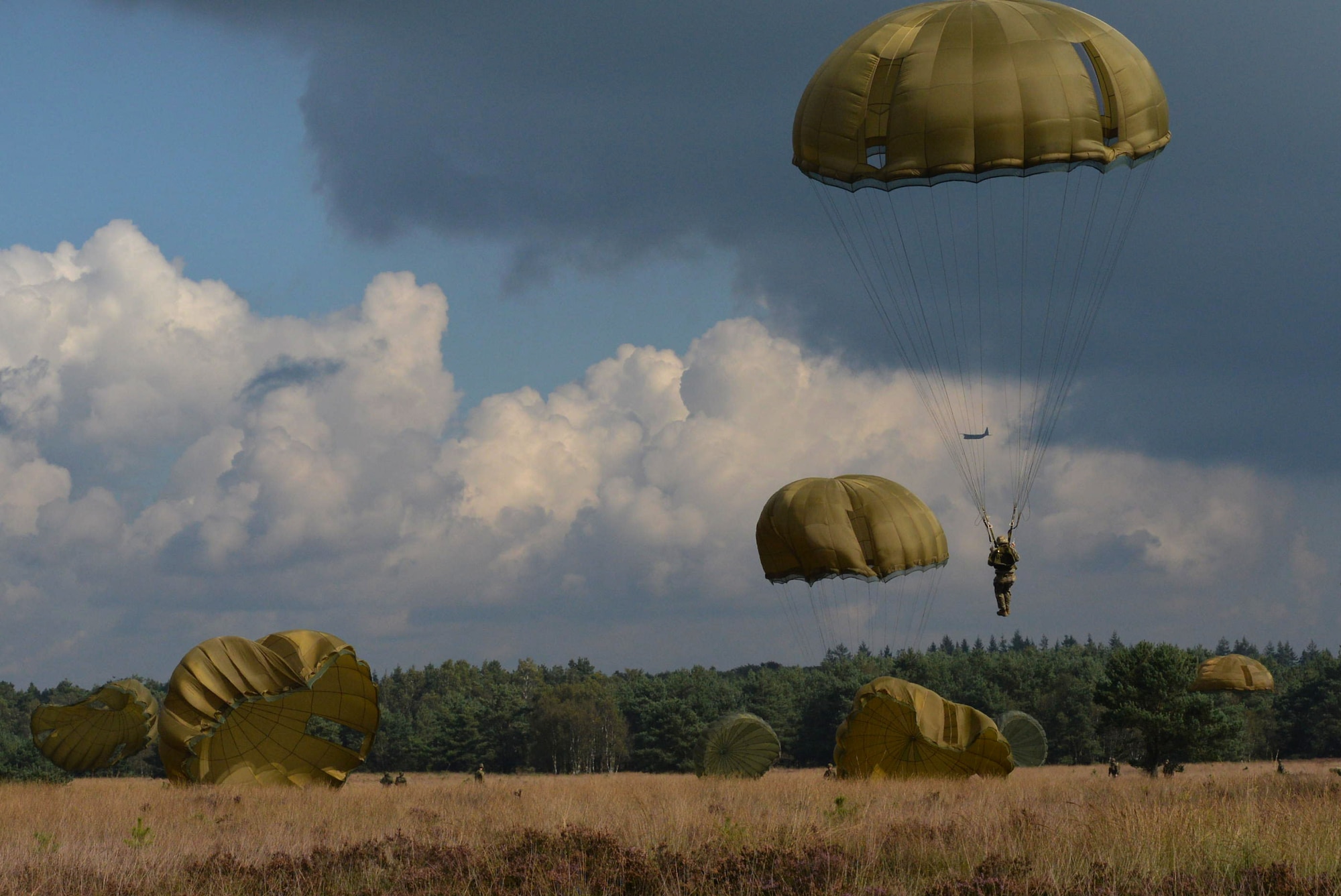 Parachute canopies fill the sky as paratroopers from eight countries land at the Houtdorperveld Drop Zone during Falcon Leap Sept. 15, 2017, Ermelo, Netherlands. (U.S. Air Force photo by Airman 1st Class Codie Collins)