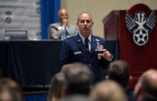 U.S. Air Force Central Command Commander Lt. Gen. Jeffrey L. Harrigian speaks about the challenges of Air Power operations in a complex battle space portion of the Air Space, Cyber Conference in National Harbor, Md., Sept 18, 2017. (U.S. Air Force photo/Wayne A. Clark) (Released)