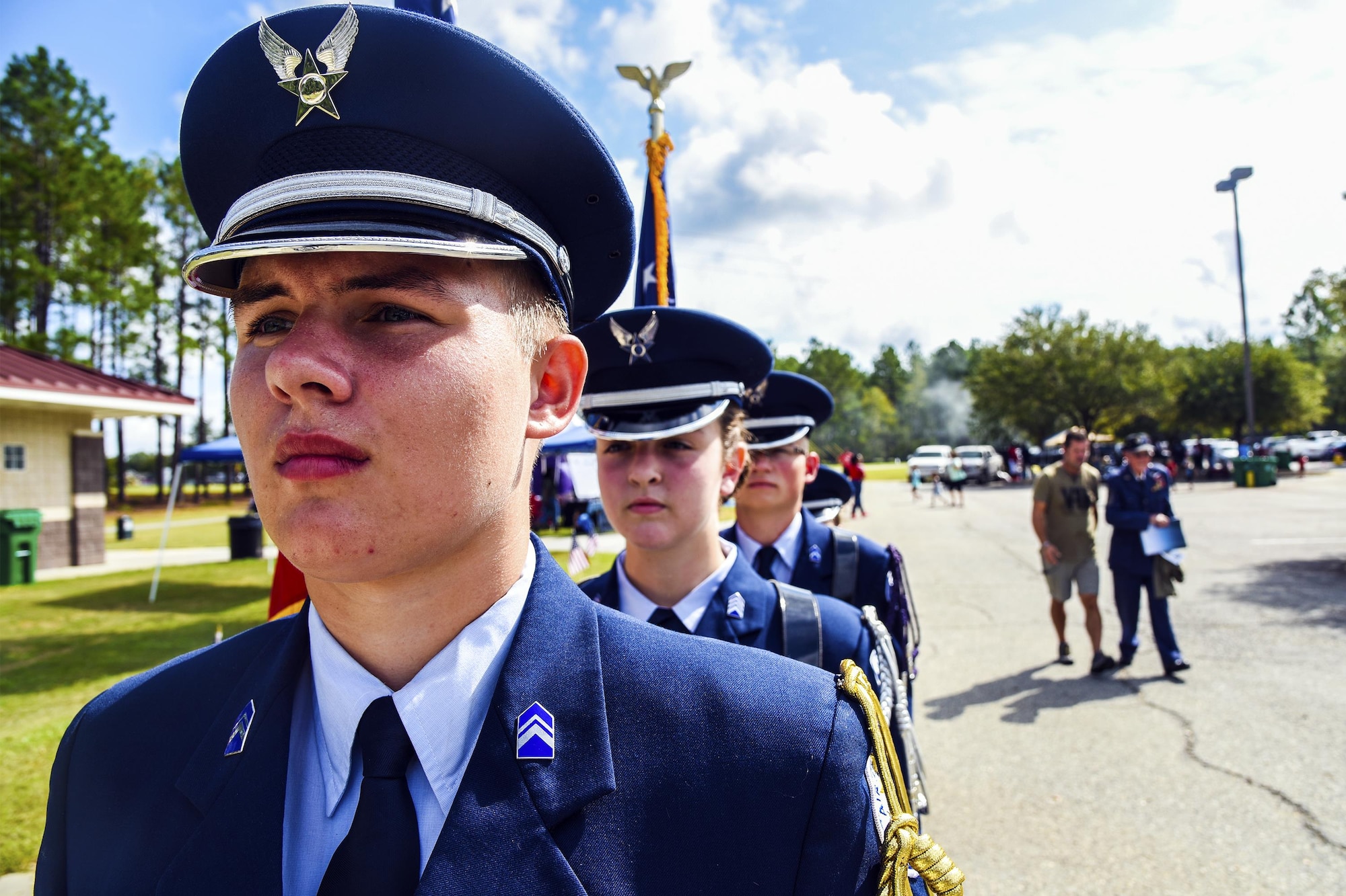 Lowndes High School Air Force Junior ROTC honor guardsmen present the colors to commemorate the U.S. Air Force’s 70th birthday celebration, Sept. 16, 2017, in Valdosta, Ga. The local community and military members joined together to celebrate their 70-year partnership. (U.S. Air Force photo by Airman Eugene Oliver)