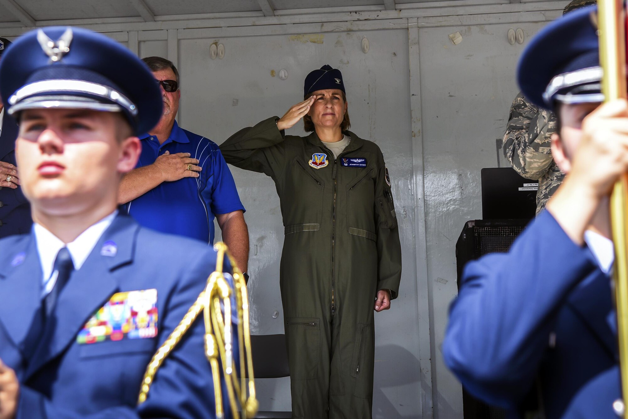 Col. Jennifer Short, 23d Wing commander, renders a salute during the national anthem at a U.S. Air Force 70th birthday celebration, Sept. 16, 2017, in Valdosta Ga. The local community and military members joined together to celebrate their 70-year-long partnership. (U.S. Air Force photo by Airman Eugene Oliver)