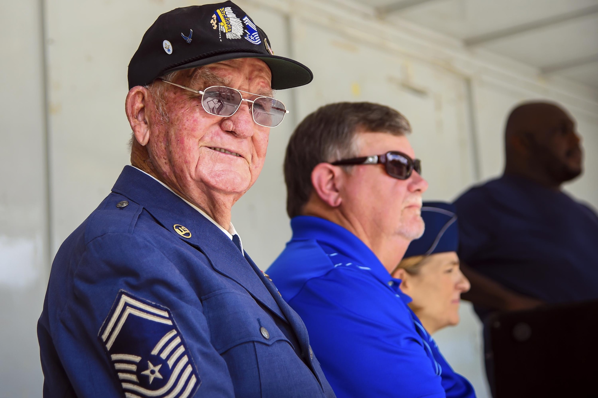 Retired Chief Master Sgt. Jim E. Harring poses for a picture during the U.S. Air Force 70th birthday celebration, Sept. 16, 2017, in Valdosta, Ga. Harring enlisted in the Army Air Corps on Jan. 8, 1947 and was a charter member of the Air Force when it was first established in September of that year. Harring served over 30 years in the military. (U.S. Air Force photo by Airman Eugene Oliver)