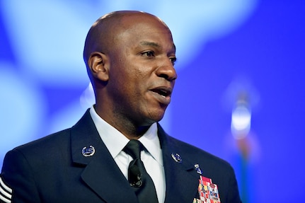 Chief Master Sgt. of the Air Force Kaleth O. Wright gives his "Taking Care of Airmen from the Ground Up" talk during Air Force Association's Air Space, Cyber Conference in National Harbor, Md., Sept 20, 2017.