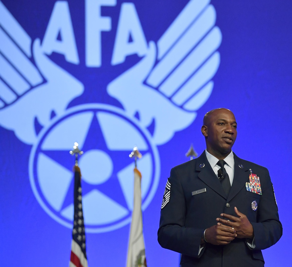 Chief Master Sgt. of the Air Force Kaleth O. Wright gives his "Taking Care of Airmen from the Ground Up" talk during Air Force Association Air, Space and Cyber Conference in National Harbor, Md., Sept. 20, 2017.
