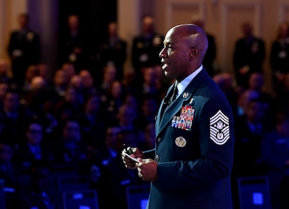 Chief Master Sergeant of the Air Force Kaleth Wright discusses the grass root effort, "Taking care of Airmen from the ground up" during Air Force Association's Air, Space Cyber conference in National Harbor, Md., Sept 20, 2017.