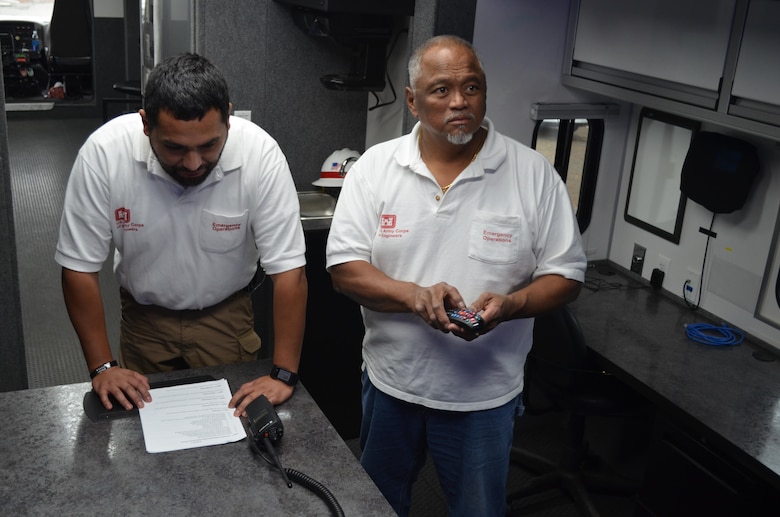 Portland District’s Michael Palomo, and Jim Gonzalez inspect critical communications equipment during a three-day simulation exercise held at Black Butte Lake near Orland, California in mid-November. This all-volunteer team is composed of U.S. Army Corps of Engineers employees who deploy to significant man-made and natural disaster sites and provide a platform for critical operations and communications.