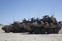 Light Armored Vehicles with 3rd Light Armored Reconnaissance Battalion, 1st Marine Division, staged during part of the Battalion’s Marine Combat Readiness Evaluation at Marine Corps Air Ground Combat Center Twentynine Palms, Calif., Mar. 13, 2017. 3rd LAR conducted a two part MCCRE to evaluate the combat readiness of D Co. (Marine Corps photo by Lance Cpl. Mike Hernandez)
