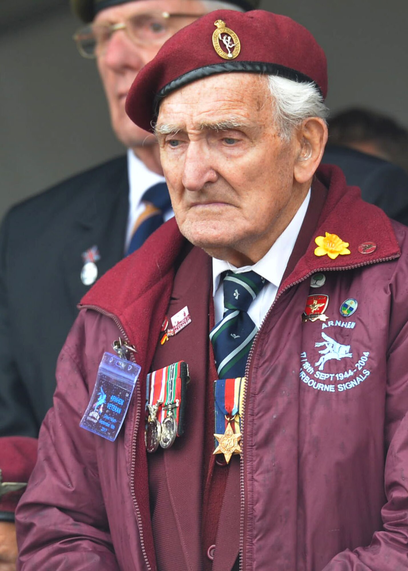 A World War II and Operation Market Garden veteran stands for a moment of silence to remember those who sacrificed their lives 73 years ago on Sept. 16, 2017, at Ede, Netherlands. This event marks the 73rd anniversary of Operation Marked Garden, the largest airborne operation in history. (U.S. Air Force photo by Airman 1st Class Codie Collins)
