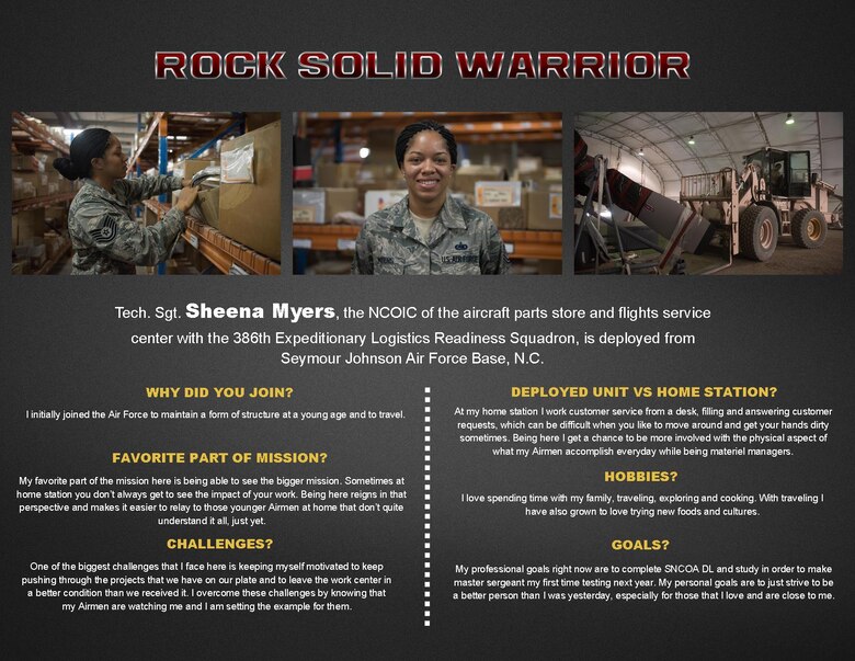 The Rock Solid Warrior program is a way to recognize and spotlight the Airmen of the 386th Air Expeditionary Wing for their positive impact and commitment to the mission.