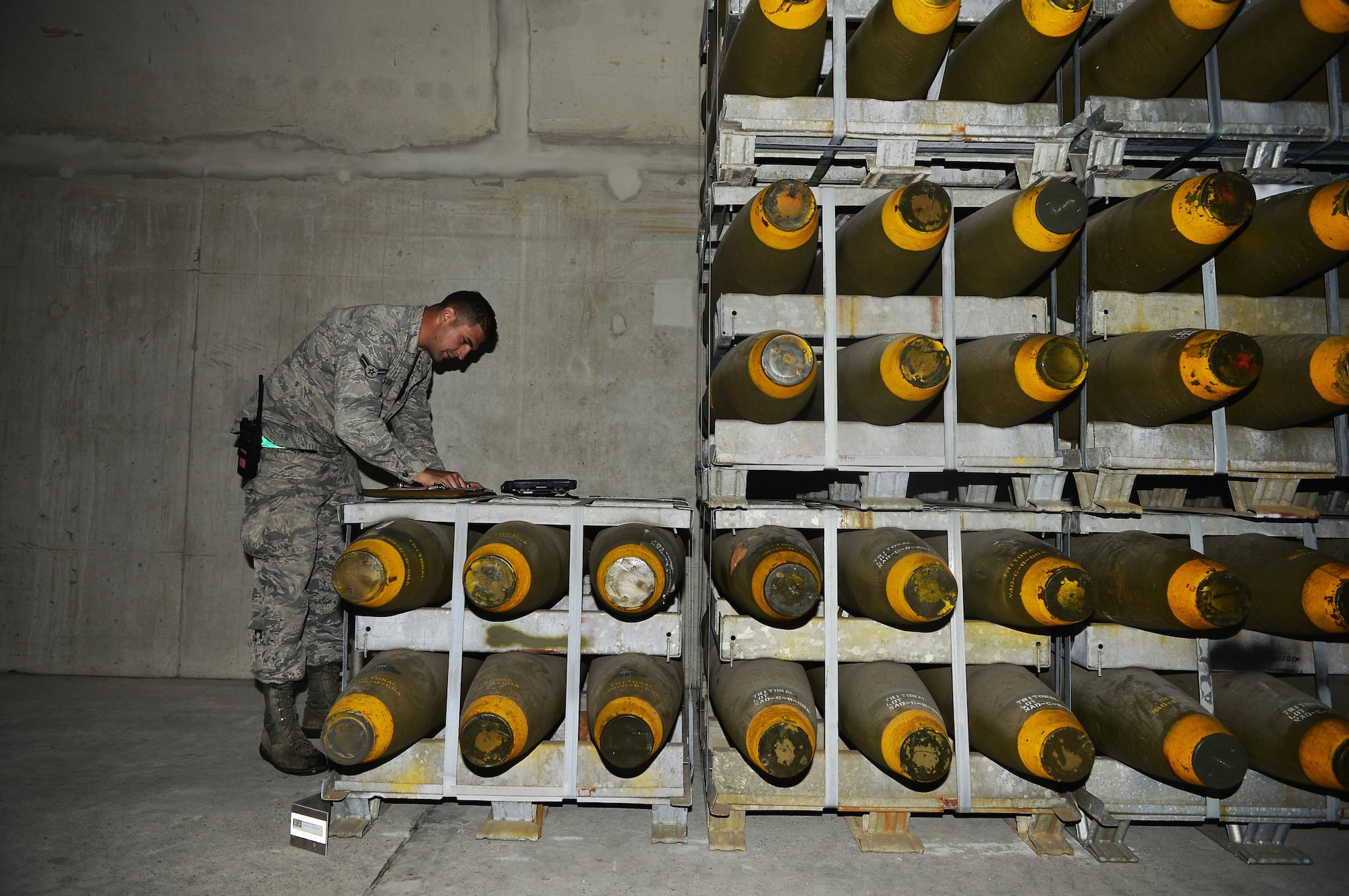 U.S. Air Force Airman 1st Class Taylor Szatko, 86th Munitions Squadron stockpile management crew chief, takes accountability of ammunition on Ramstein Air Base, Germany, Sept. 19, 2017. Munitions Airmen, commonly called ammo troops, are responsible for receiving, inspecting, and storing ammunition before shipping them to their respective users. (U.S. Air Force photo by Airman 1st Class Joshua Magbanua)