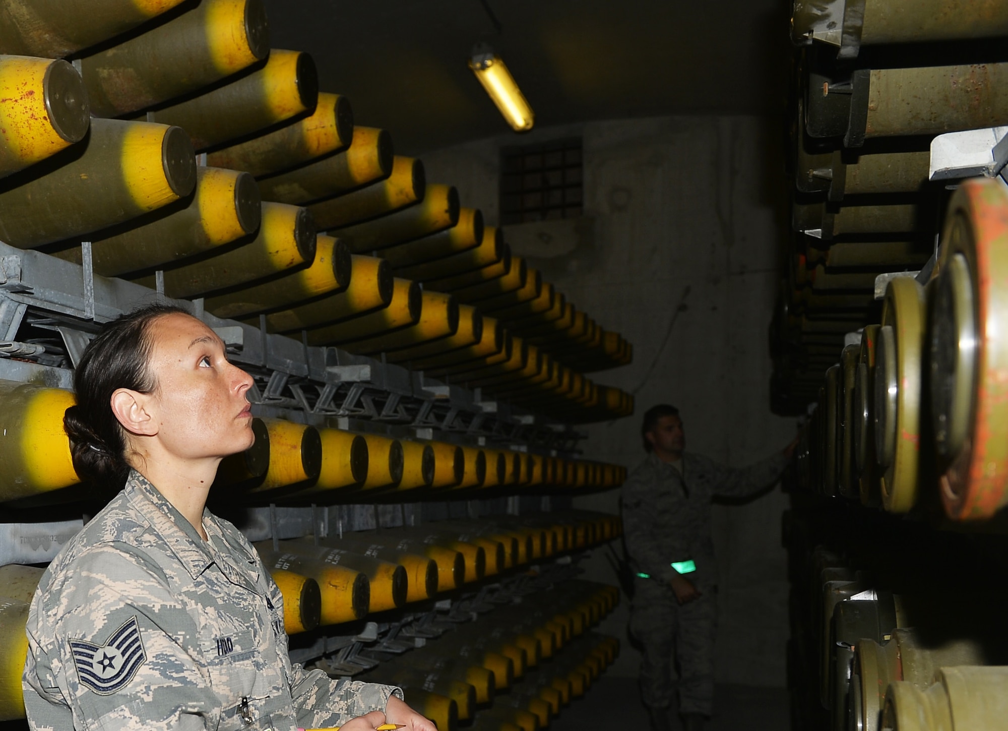 U.S. Air Force Tech. Sgt. Randa Head, 86th Munition Squadron noncommissioned officer in charge of munitions operations, conducts an inventory of munitions at Ramstein Air Base, Germany, Sept. 19, 2017. The 86th MUNS provides support throughout the U.S. Air Forces in Europe and Air Forces Africa area of responsibility. (U.S. Air Force photo by Airman 1st Class Joshua Magbanua)