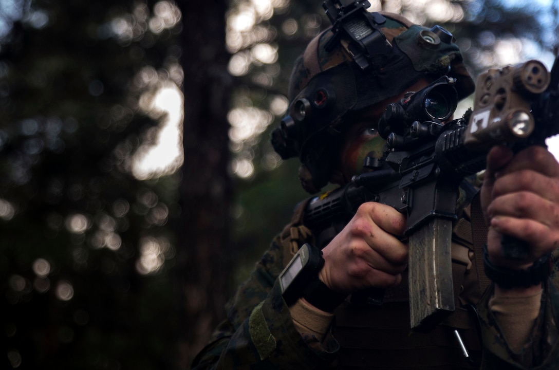 Marine with Marine Rotational Force-Europe engages an enemy during a firefight during Exercise Aurora 17 in Lärbro, Sweden, Sept. 21, 2017. Aurora 17 is the largest Swedish national exercise in more than 20 years, and it includes supporting forces from the U.S. and other nations in order to exercise Sweden’s defense capability and promote common regional security.
