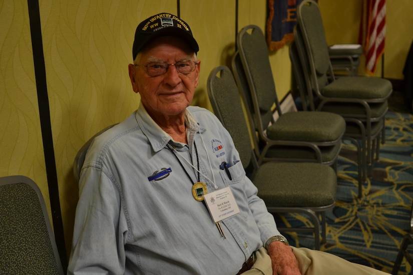 Burt Marsh, a World War II Veteran assigned to Company M, 319th Infantry Regiment, 80th Infantry Division, was one of five WWII Veterans that attended the 80th Training Command (TASS) and the 80th Division Veterans Association centennial anniversary dinner in Richmond, Va., September 16, 2017. He was drafted into the Amy in 1944. (U.S. Army photo by Sgt. 1st Class Emily D. Anderson, 80th Training Command)