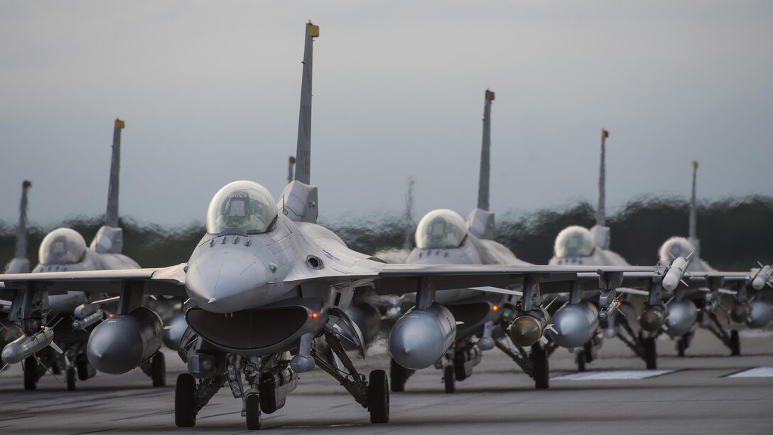 U.S. Air Force F-16 Fighting Falcons from the 13th and 14th Fighter Squadrons, take part in an elephant walk in support of exercise Beverly Sunrise 17-07 at Misawa Air Base, Japan, Sept. 16, 2017. The exercise was a simulated deployment to test the readiness of the 35th Fighter Wing, and assessed their ability to meet deployment and wartime requirements. (U.S. Air Force photo by Staff Sgt. Deana Heitzman)