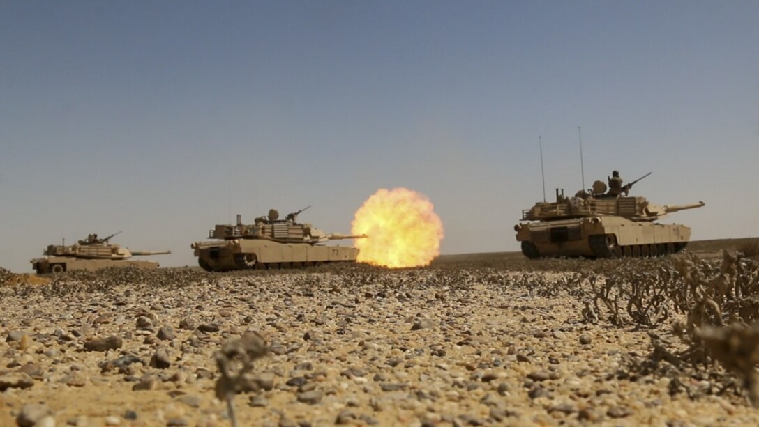 M1A2 Abrams Main Battle Tank crews assigned to Charlie Company, 2nd Battalion, 7th Cavalry Regiment, 3rd Armored Brigade Combat Team, 1st Cavalry Division engage targets at the conclusion of the culminating joint live-fire exercise of Exercise Bright Star 2017 at Mohamed Naguib Military Base, Egypt, Sept. 20, 2017. Bright Star is a bilateral exercise between U.S. Central Command and the Arab Republic of Egypt during which about 200 U.S. personnel participated in a command-post exercise, a field training exercise and a senior leader seminar to promote and enhance regional security and cooperation. Army photo by Staff Sgt. Leah R. Kilpatrick