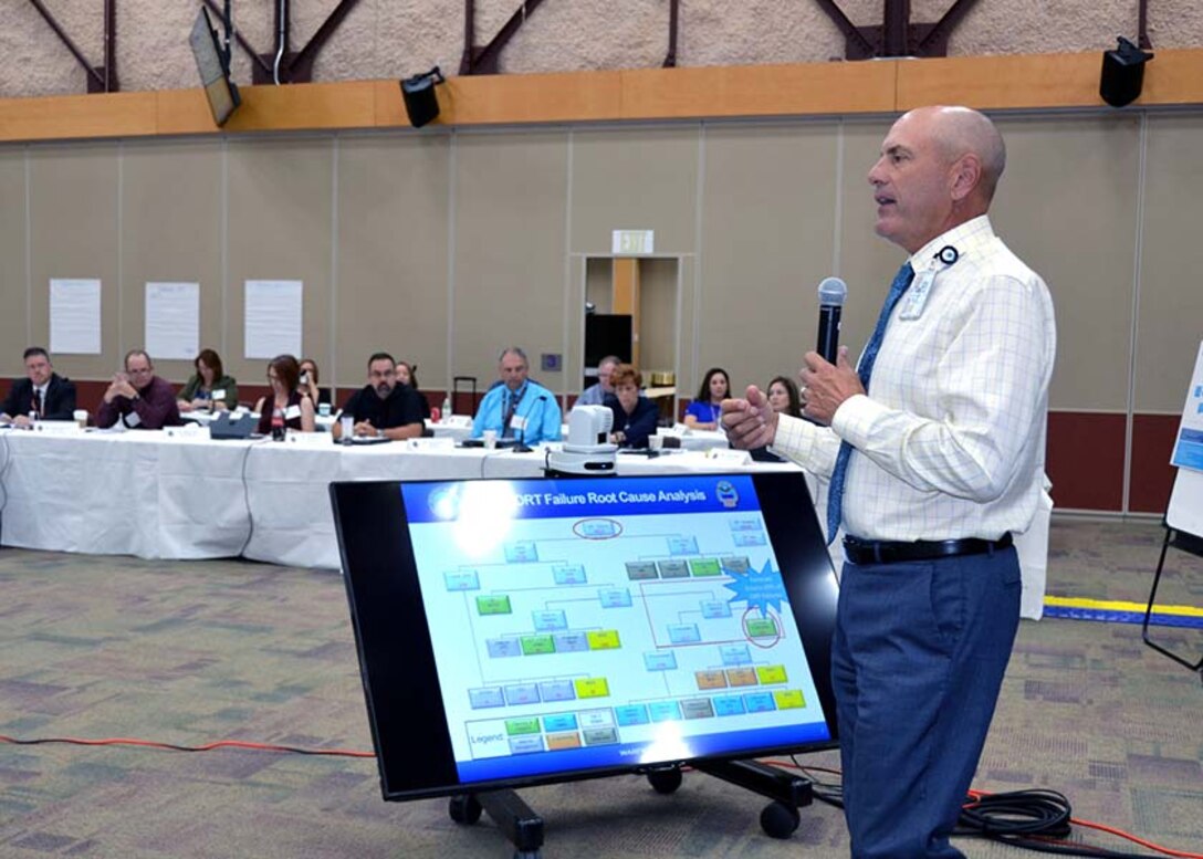 Charlie Lilli greets attendees of the Collaborative Planning Summit with DLA and Air Force Personnel. Sept. 12-14, 2017 at Defense Supply Center Richmond, Virginia.