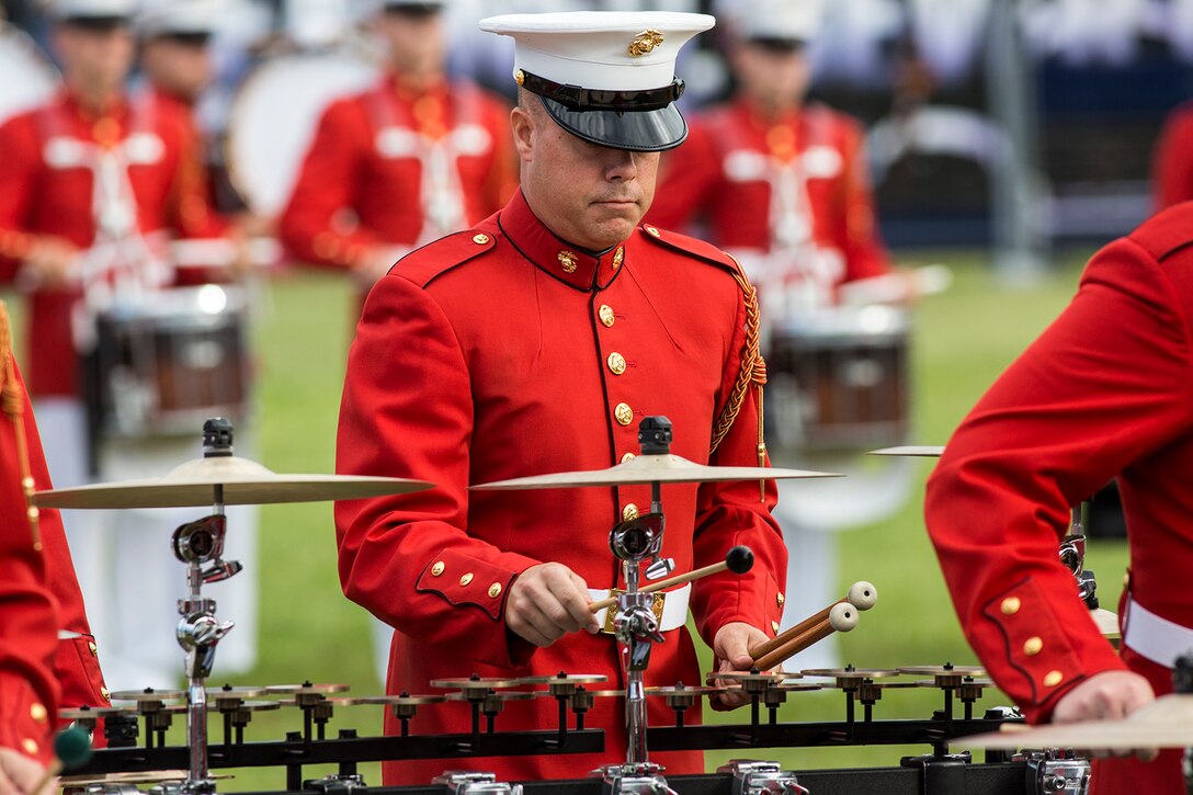 Staff Sgt. Shawn W. Garber, front ensemble, “The Commandant’s Own” U.S. Marine Drum & Bugle Corps, plays musical ballads during the Enlisted Awards Parade at the Modern Day Marine Military Exposition (MDMME) at Lejeune Field, Marine Corps Base Quantico, Quantico, Va., Sept. 20, 2017. The MDMME is an annual exposition open to the public to display the progression of equipment and technology that is currently employed and may be utilized with future Marine Corps operating forces. (Official U.S. Marine Corps photo by Cpl. Robert Knapp/Released)
