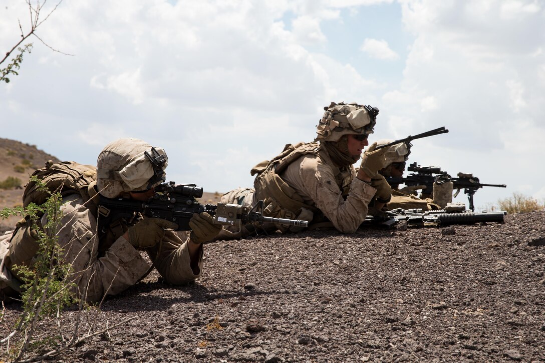 U.S. Marines with Apache Company, 3rd Light Armored Reconnaissance Battalion, Marine Air-Ground Task Force-8 (MAGTF), set up an observation point in support of the final exercise during Integrated Training Exercise 5-17 (ITX), on Marine Corps Air Ground Combat Center Twentynine Palms, Calif., Aug. 4, 2017. The purpose of ITX is to create a challenging, realistic training environment that produces combat-ready forces capable of operating as an integrated MAGTF. (U.S. Marine Corps photo by Cpl. Christopher A. Mendoza)