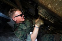 U.S. Marine Corps Lance Cpl. Jake Rogers, driver, Apache Company, 3rd Light Armored Reconnaissance Battalion, Marine Air-Ground Task Force-8 (MAGTF), performs maintenance on a Light Armored Vehicle-25A2 after the final exercise during Integrated Training Exercise 5-17 (ITX), on Marine Corps Air Ground Combat Center Twentynine Palms, Calif., Aug. 7, 2017. The purpose of ITX is to create a challenging, realistic training environment that produces combat-ready forces capable of operating as an integrated MAGTF. (U.S. Marine Corps photo by Cpl. Christopher A. Mendoza)