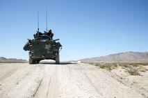 U.S. Marines with 3rd Light Armored Reconnaissance Battalion, Regimental Combat Team-8, operate a light armored vehicle during Large Scale Exercise-17 at Twentynine Palms, Calif., Aug. 18, 2017. LSE-17 is a multinational exercise, led by 2nd Marine Division, with elements from the United Kingdom, France, Canada and II Marine Expeditionary Force, focused on integrating all capabilities of the Marine Air-Ground Task Force and coalition forces. (U.S. Marine Corps photo by Lance Cpl. Holly Pernell)