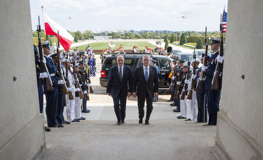 Defense Secretary Jim Mattis hosts an enhanced honor cordon for Polish Defense Minister Antoni Macierewicz at the Pentagon.