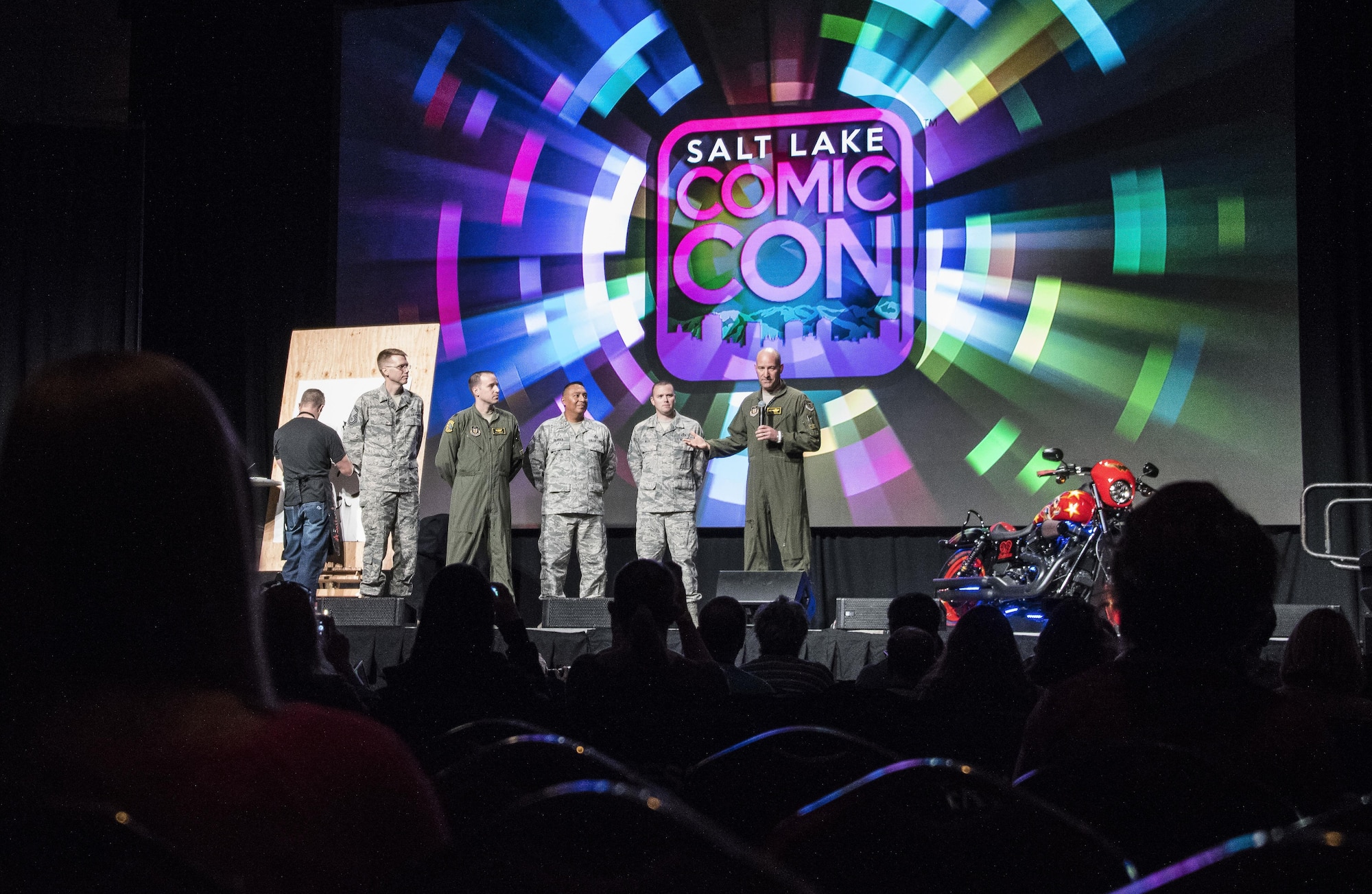 Lt. Col. Mathew Miller, 419th Operations Support Flight commander, gives introductory remarks during a press conference at Salt Lake Comic Con